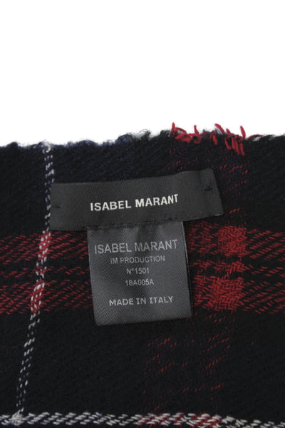 Isabel Marant Womens Wool Plaid Print Frayed Hem Scarf Red Navy 80" X 34"