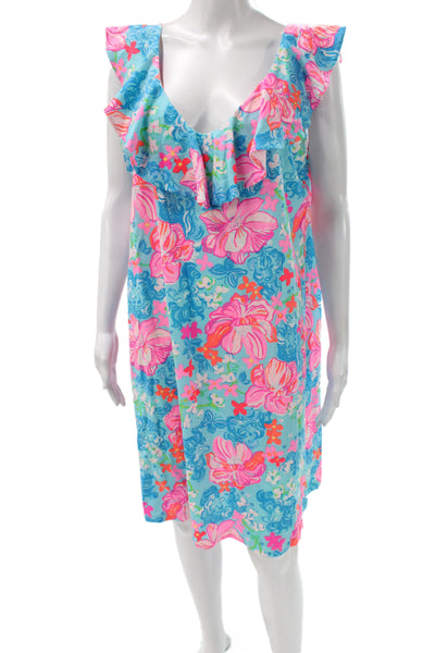 Lilly Pulitzer Womens Blue Floral Shift Dress Sleeveless Scoop Neck Size XL