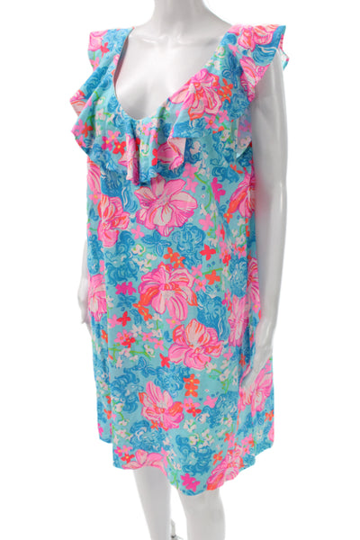 Lilly Pulitzer Womens Blue Floral Shift Dress Sleeveless Scoop Neck Size XL
