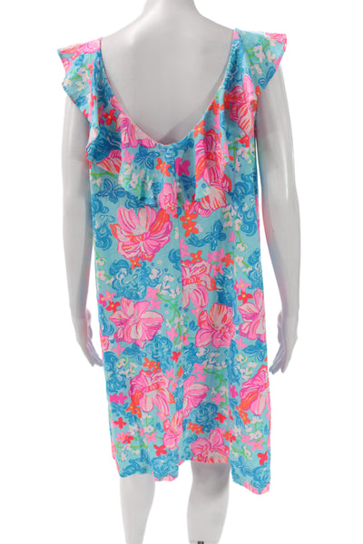 Lilly Pulitzer Womens Blue Floral Shift Dress Sleeveless Scoop Neck Size XL