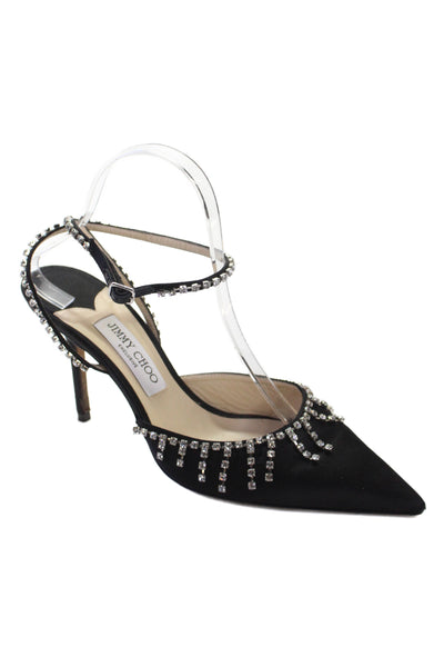 Jimmy Choo Womens Satin Jeweled Pointed Toe Slingbacks Pumps Black Size 40 10
