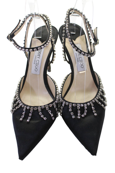 Jimmy Choo Womens Satin Jeweled Pointed Toe Slingbacks Pumps Black Size 40 10