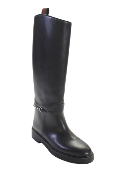 Gucci Womens Leather Silver Tone Knee High Riding Boots Black Size 39 9