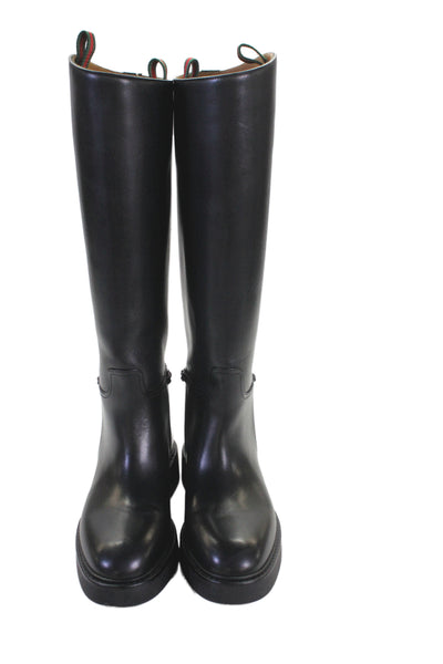 Gucci Womens Leather Silver Tone Knee High Riding Boots Black Size 39 9