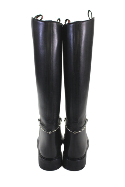 Gucci Womens Leather Silver Tone Knee High Riding Boots Black Size 39 9