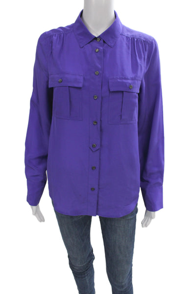J Crew Women Basic Purple Silk Collared Long Sleeve Blouse Size XS