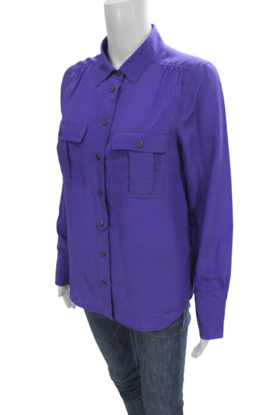 J Crew Women Basic Purple Silk Collared Long Sleeve Blouse Size XS