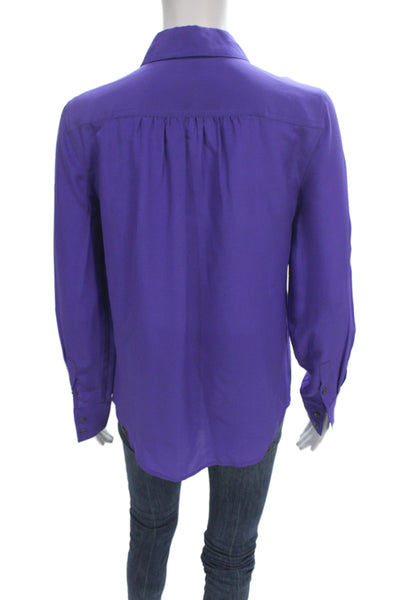 J Crew Women Basic Purple Silk Collared Long Sleeve Blouse Size XS