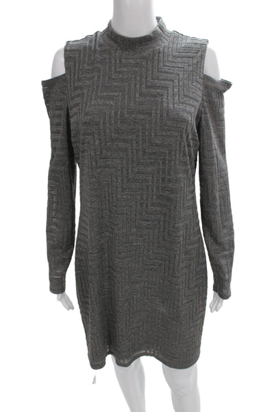 1. State Women Gray Geometric Sheath Dress Long Sleeve Mock Neck Zip Size L