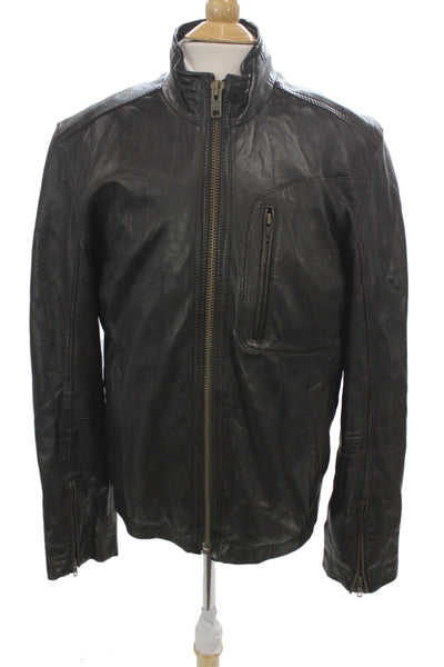 Cole Haan Mens Brown Lambskin Biker Jacket Zip Size L