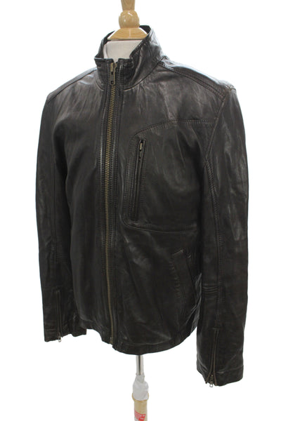 Cole Haan Mens Brown Lambskin Biker Jacket Zip Size L