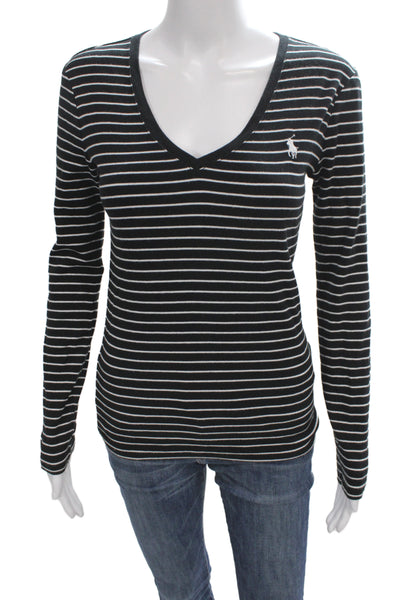 Polo Ralph Lauren Women Black Striped V-Neck Jersey T-Shirt Long-Sleeve Size S
