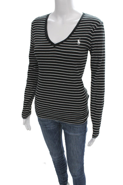 Polo Ralph Lauren Women Black Striped V-Neck Jersey T-Shirt Long-Sleeve Size S