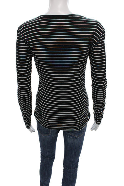Polo Ralph Lauren Women Black Striped V-Neck Jersey T-Shirt Long-Sleeve Size S