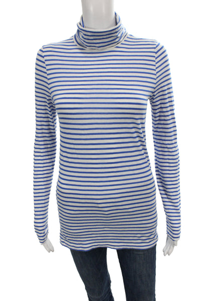 J Crew Women Striped Turtleneck Jersey T-Shirt Blue Cotton Long Sleeve Size S