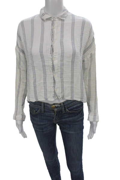 CP Shades Women Cropped White Cotton Striped Button-Up Long Sleeve Size XS