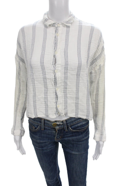 CP Shades Women Cropped White Cotton Striped Button-Up Long Sleeve Size XS