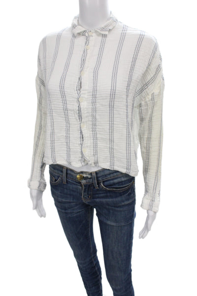CP Shades Women Cropped White Cotton Striped Button-Up Long Sleeve Size XS