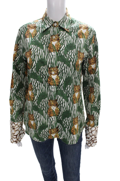 Tizzie Women Brown Animal Print Button Up Blouse Cotton Long Sleeve Size S