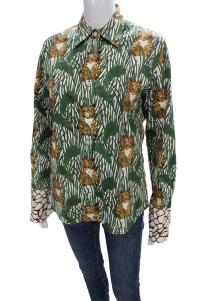 Tizzie Women Brown Animal Print Button Up Blouse Cotton Long Sleeve Size S