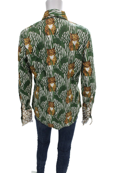 Tizzie Women Brown Animal Print Button Up Blouse Cotton Long Sleeve Size S