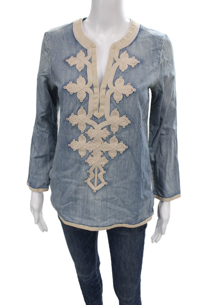 J Crew Womens Tunic V-Neck Long Sleeve 100% Cotton Blue Boho Size 00