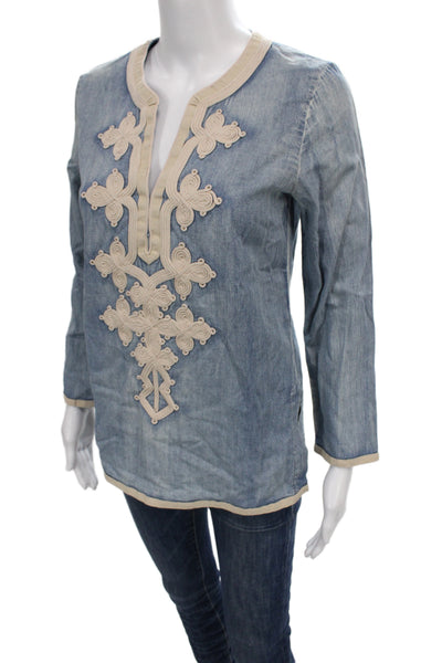 J Crew Womens Tunic V-Neck Long Sleeve 100% Cotton Blue Boho Size 00