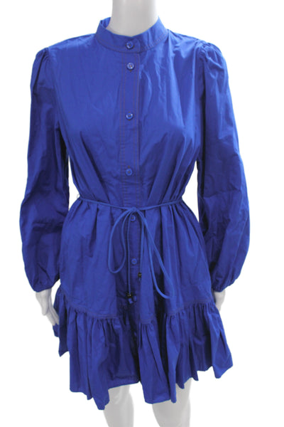 Zara Women Collared Cotton Mini Dress Blue Long Sleeve Button Size M