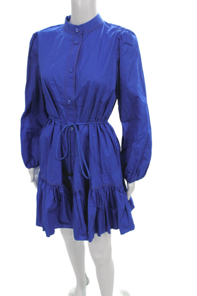 Zara Women Collared Cotton Mini Dress Blue Long Sleeve Button Size M