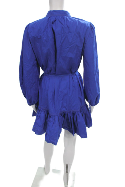 Zara Women Collared Cotton Mini Dress Blue Long Sleeve Button Size M