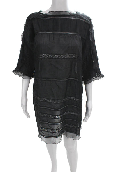 Isabel Marant Womens Black Ramie Shift Dress Boatneck Half Sleeve Mini Size 36