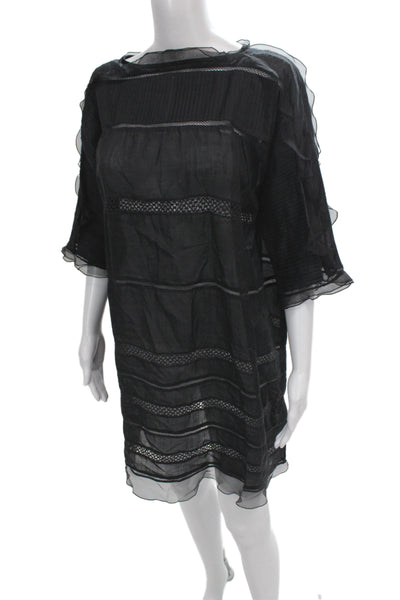 Isabel Marant Womens Black Ramie Shift Dress Boatneck Half Sleeve Mini Size 36