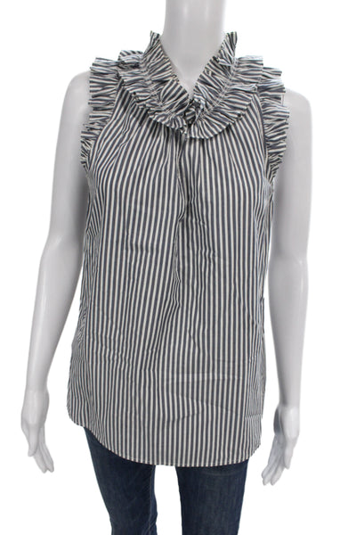 J Crew Womens Tunic Blouse Blue Striped High Neck Sleeveless Cotton Size 6