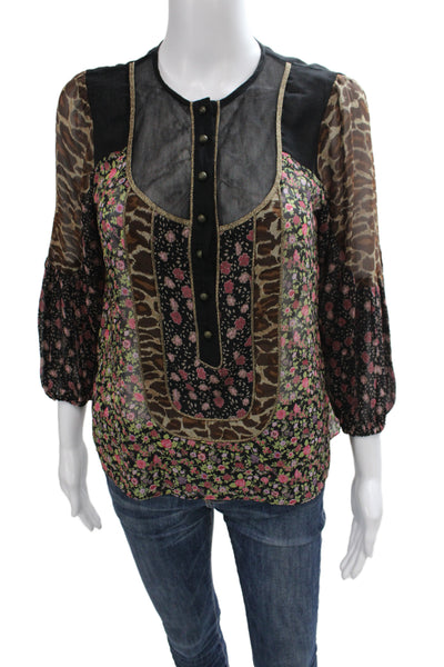 Nanette Lepore Women Silk Tunic Black Animal Print 3/4 Sleeve Size 4