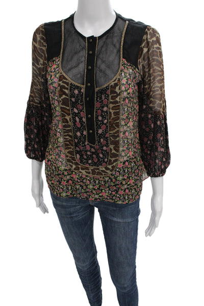 Nanette Lepore Women Silk Tunic Black Animal Print 3/4 Sleeve Size 4