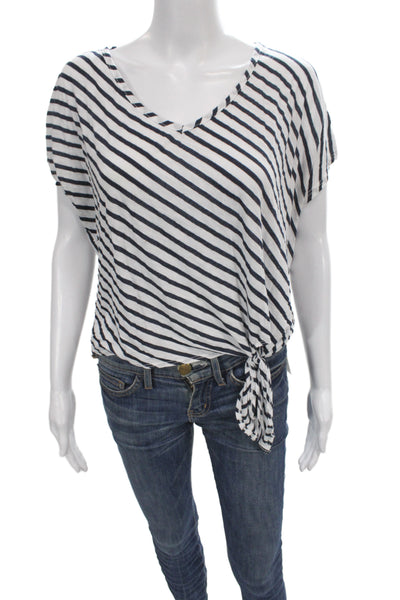 Michael Stars Women V-Neck Striped Black T-Shirt Short Sleeve Size One Size