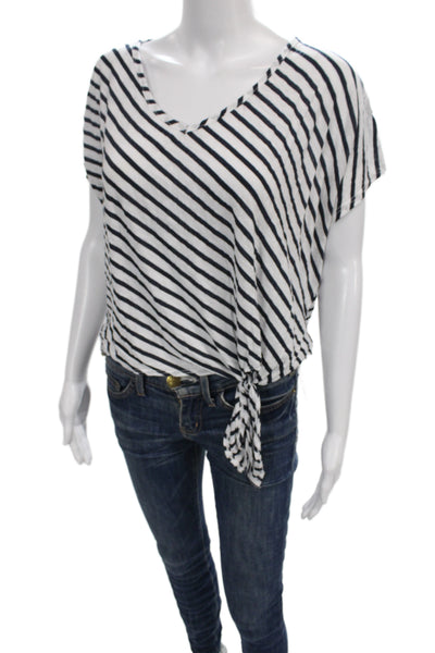 Michael Stars Women V-Neck Striped Black T-Shirt Short Sleeve Size One Size