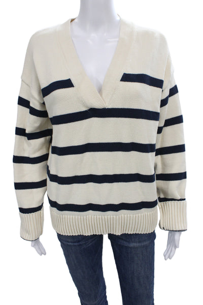 English Factory Women Striped V-Neck Nautical Sweater Ivory Size M