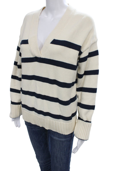 English Factory Women Striped V-Neck Nautical Sweater Ivory Size M