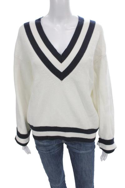 Grey Lab Womens Striped V-Neck Pullover Sweater White Rayon Size M
