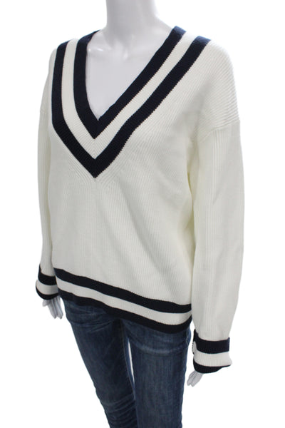 Grey Lab Womens Striped V-Neck Pullover Sweater White Rayon Size M