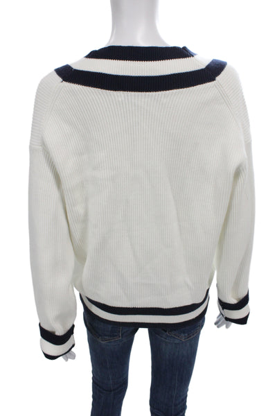 Grey Lab Womens Striped V-Neck Pullover Sweater White Rayon Size M