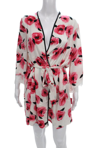 Kate Spade New York Womens Floral Rose Bud Print Robe White Pink Size Large