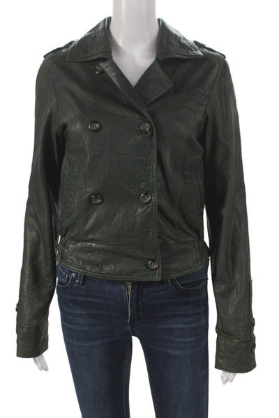 Sanctuary Womens Pea Coat Leather Green Button Long Sleeve Size S