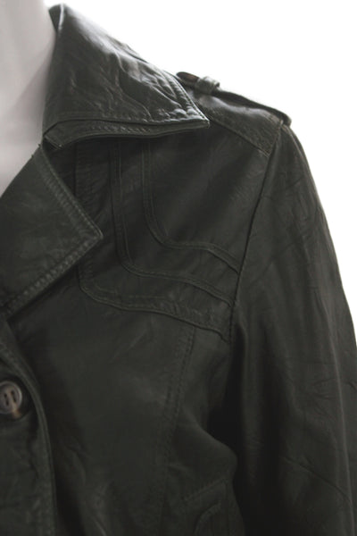 Sanctuary Womens Pea Coat Leather Green Button Long Sleeve Size S
