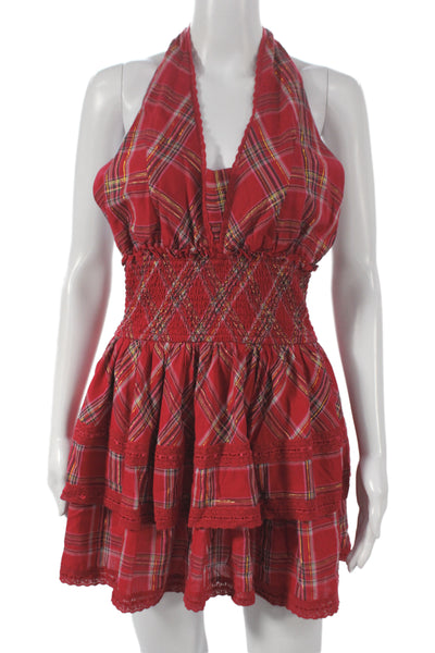 Love Shack Fancy Women Fit & Flare Plaid Halter Sleeveless Dress Red Size L