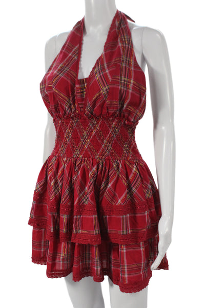 Love Shack Fancy Women Fit & Flare Plaid Halter Sleeveless Dress Red Size L