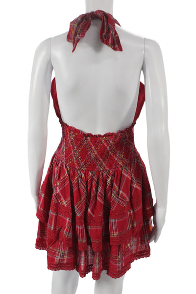 Love Shack Fancy Women Fit & Flare Plaid Halter Sleeveless Dress Red Size L