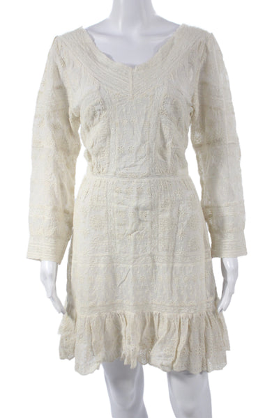 Love Shack Fancy Womens Mini V-Neck Boho Ivory Long Sleeve Dress Size 6