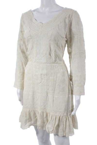 Love Shack Fancy Womens Mini V-Neck Boho Ivory Long Sleeve Dress Size 6